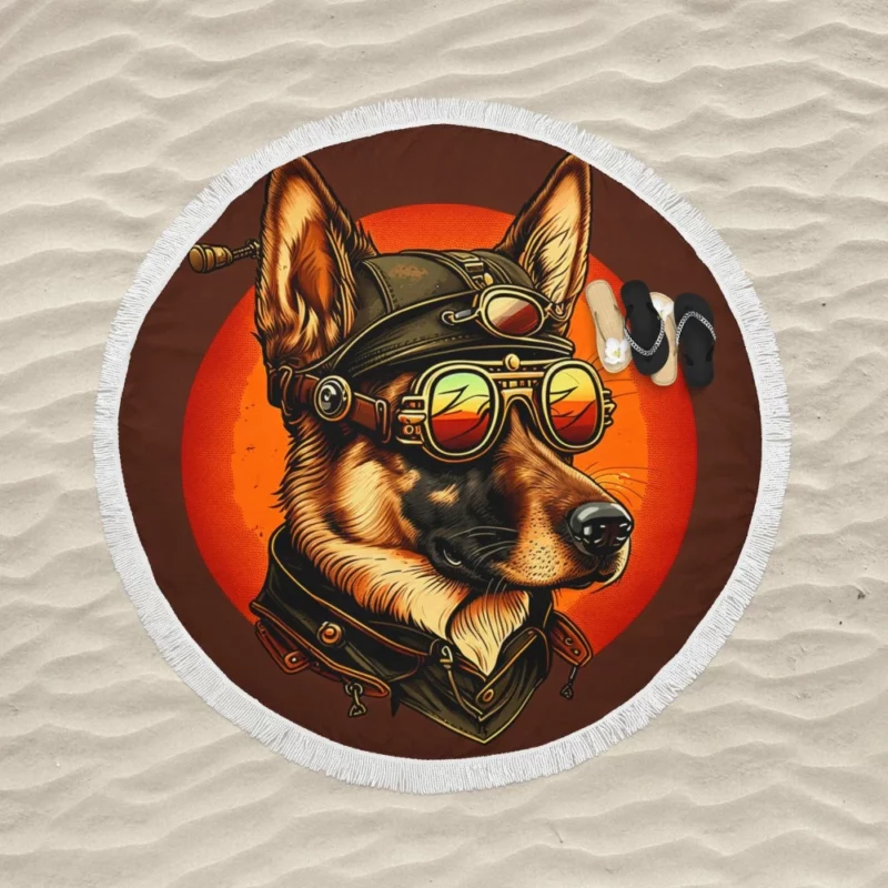 German Shepherd in Aviation Gear Round Beach Towel