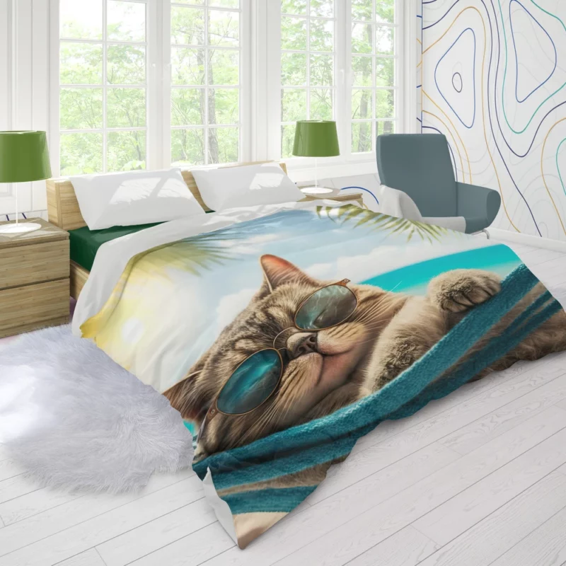 Ginger Beach Cat in Sunglasses Duvet Cover