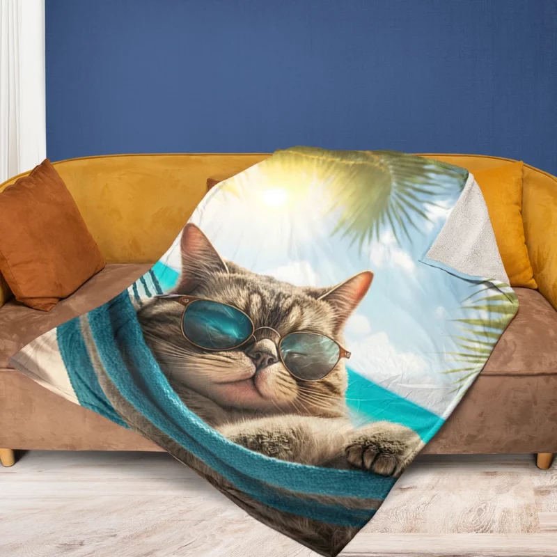 Ginger Beach Cat in Sunglasses Fleece Blanket 1