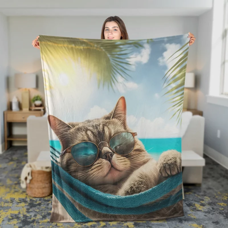 Ginger Beach Cat in Sunglasses Fleece Blanket 2