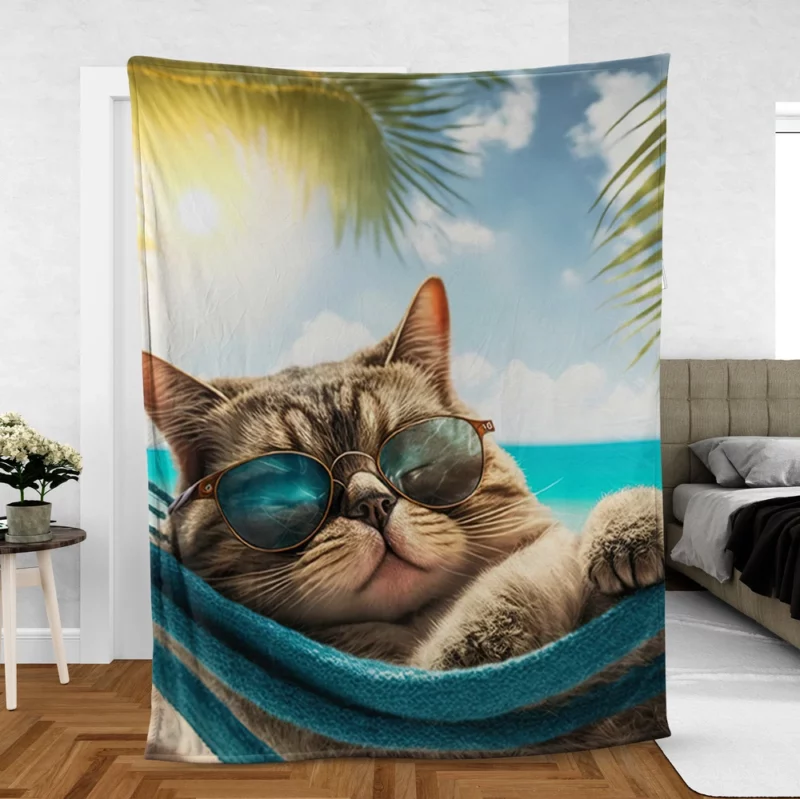 Ginger Beach Cat in Sunglasses Fleece Blanket