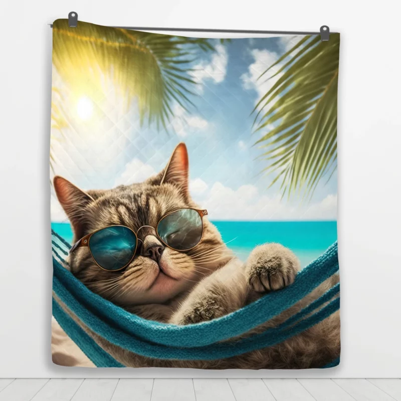 Ginger Beach Cat in Sunglasses Quilt Blanket 1