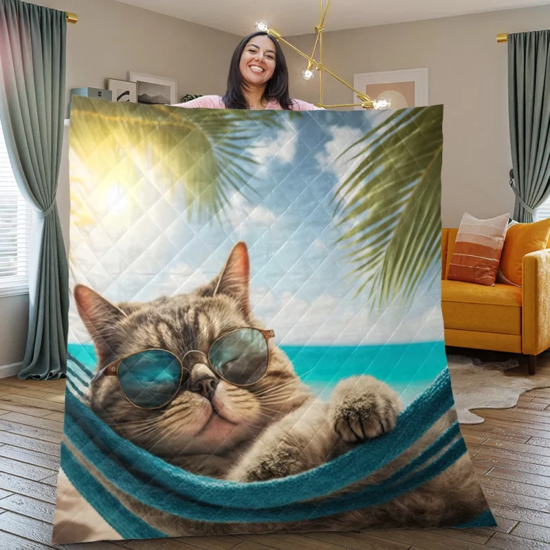 Ginger Beach Cat in Sunglasses Quilt Blanket