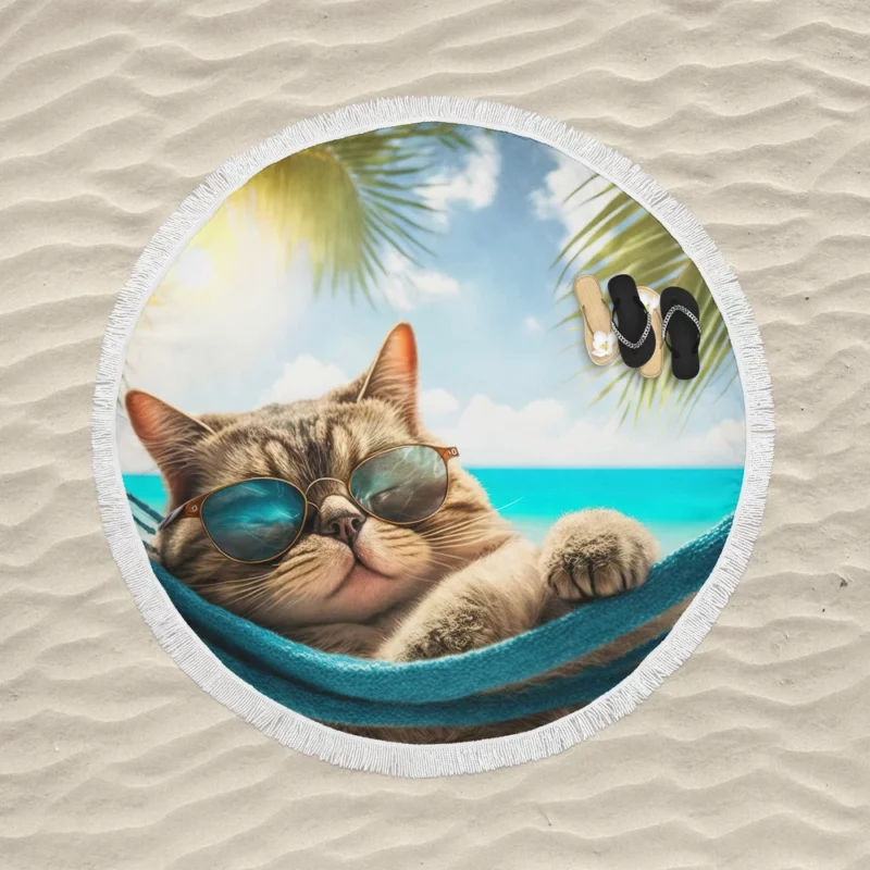 Ginger Beach Cat in Sunglasses Round Beach Towel