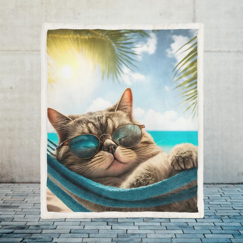 Ginger Beach Cat in Sunglasses Sherpa Fleece Blanket