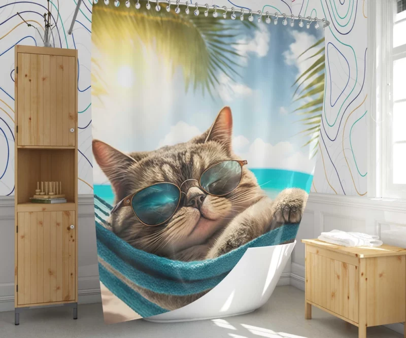 Ginger Beach Cat in Sunglasses Shower Curtain 1