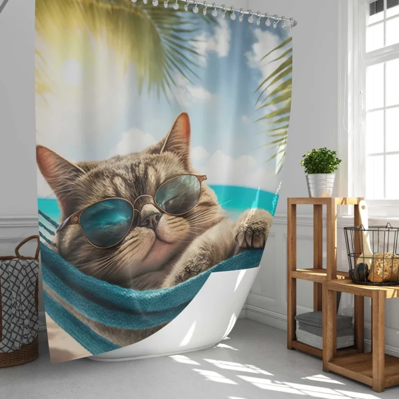 Ginger Beach Cat in Sunglasses Shower Curtain