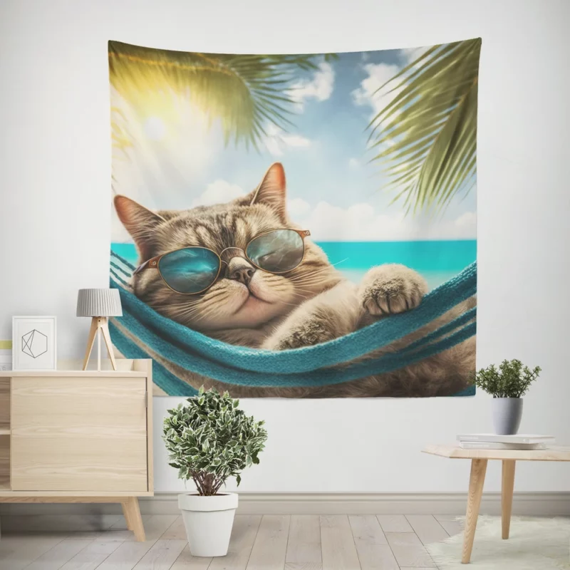 Ginger Beach Cat in Sunglasses Wall Tapestry