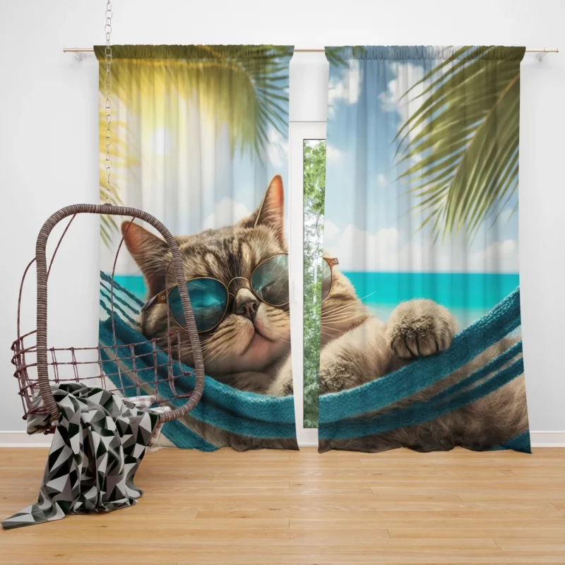 Ginger Beach Cat in Sunglasses Window Curtain