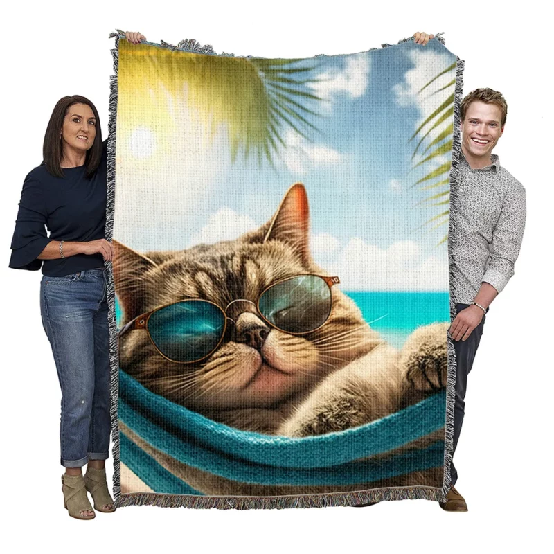 Ginger Beach Cat in Sunglasses Woven Blanket