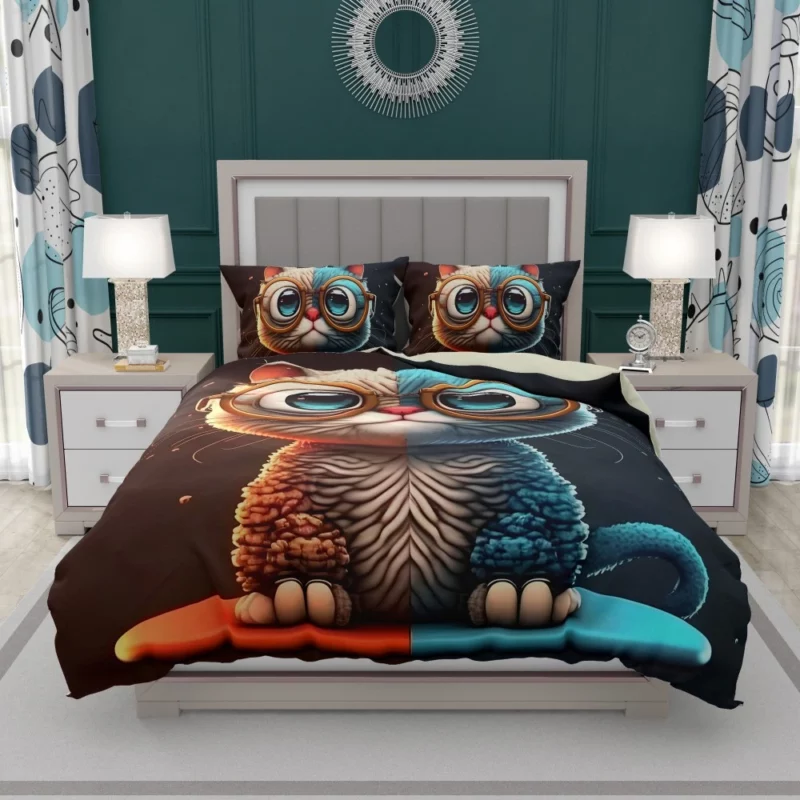 Glasses-Wearing Cat on Square Surface Bedding Set 1