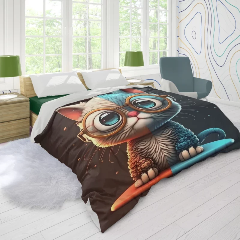 Glasses-Wearing Cat on Square Surface Duvet Cover