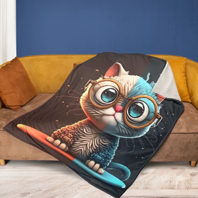 Glasses-Wearing Cat on Square Surface Fleece Blanket 1