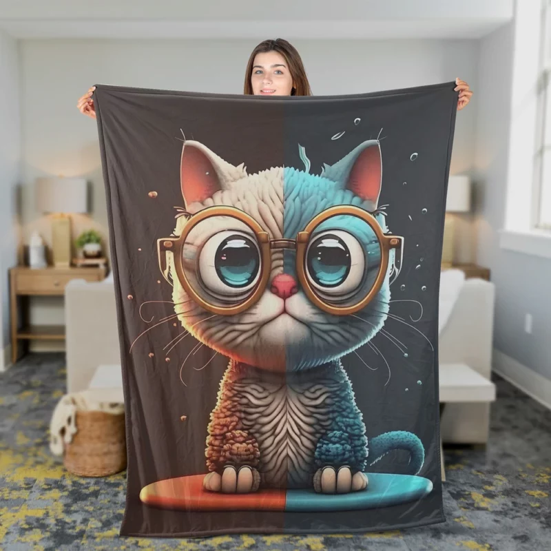 Glasses-Wearing Cat on Square Surface Fleece Blanket 2