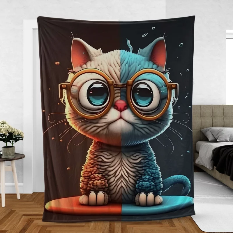 Glasses-Wearing Cat on Square Surface Fleece Blanket