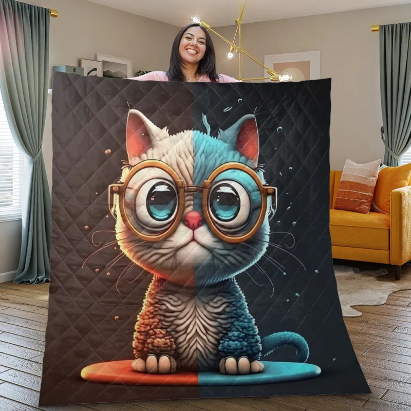 Glasses-Wearing Cat on Square Surface Quilt Blanket