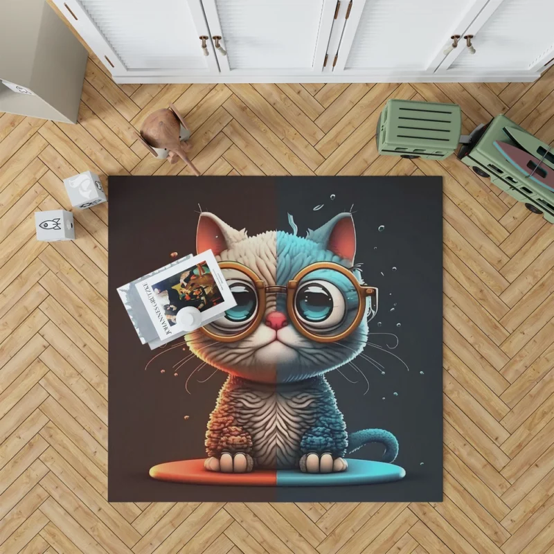 Glasses-Wearing Cat on Square Surface Rug