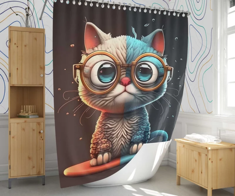 Glasses-Wearing Cat on Square Surface Shower Curtain 1