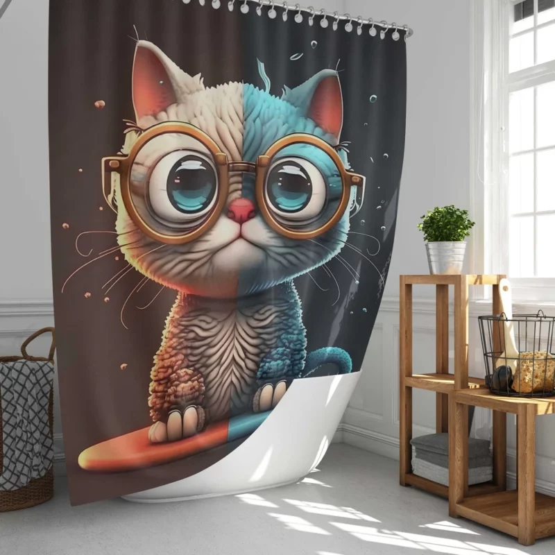 Glasses-Wearing Cat on Square Surface Shower Curtain