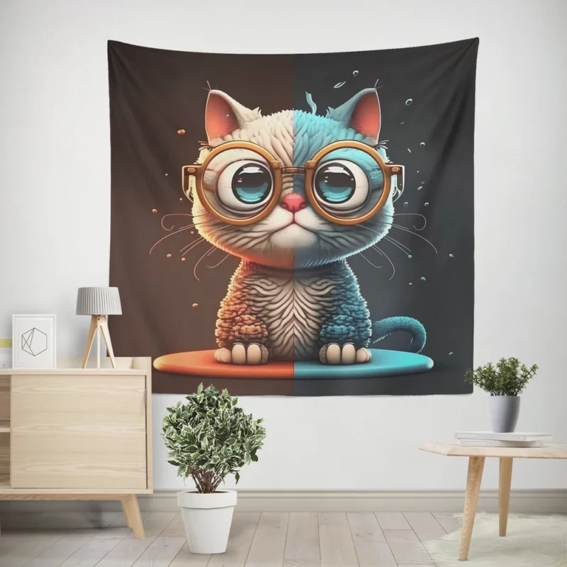 Glasses-Wearing Cat on Square Surface Wall Tapestry