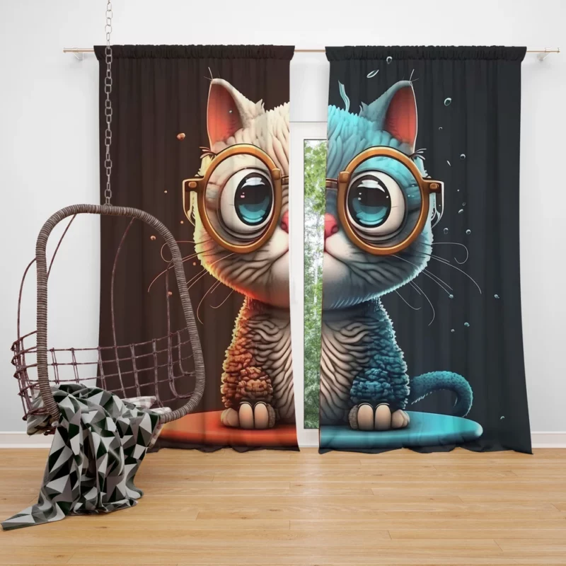 Glasses-Wearing Cat on Square Surface Window Curtain