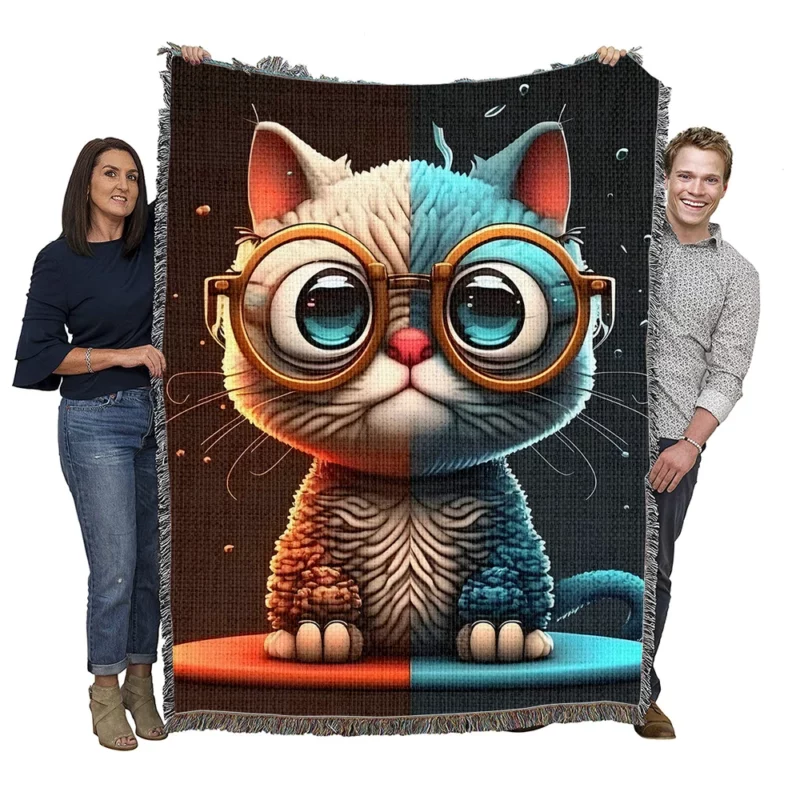 Glasses Wearing Cat on Square Surface Woven Blanket