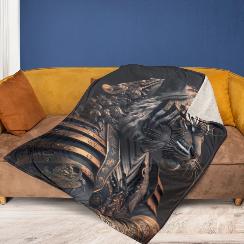 Golden Black Tiger Statue Fleece Blanket 1