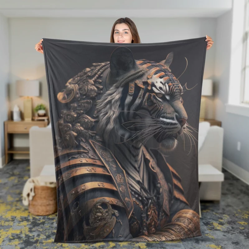 Golden Black Tiger Statue Fleece Blanket 2