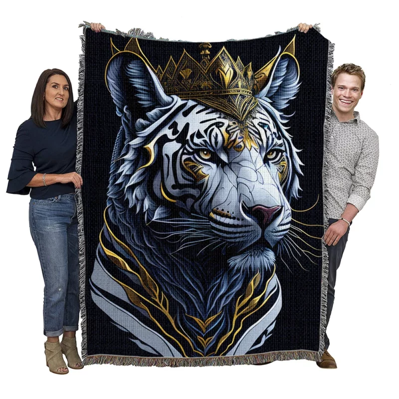 Golden Crowned White Tiger Woven Blanket