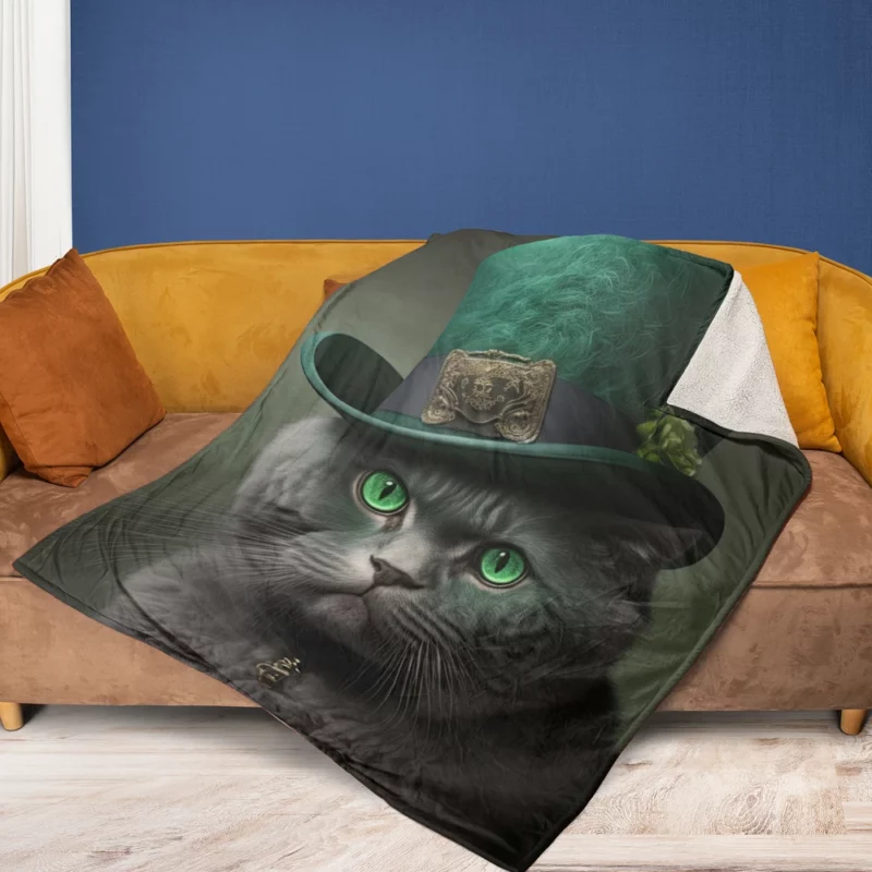 Green Hat Cat for St Patrick's Day Fleece Blanket 1