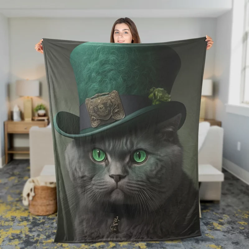 Green Hat Cat for St Patrick's Day Fleece Blanket 2