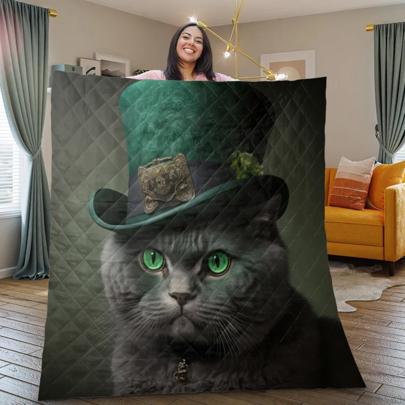 Green Hat Cat for St Patrick's Day Quilt Blanket