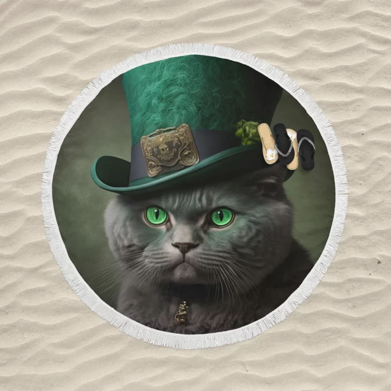 Green Hat Cat for St Patrick's Day Round Beach Towel