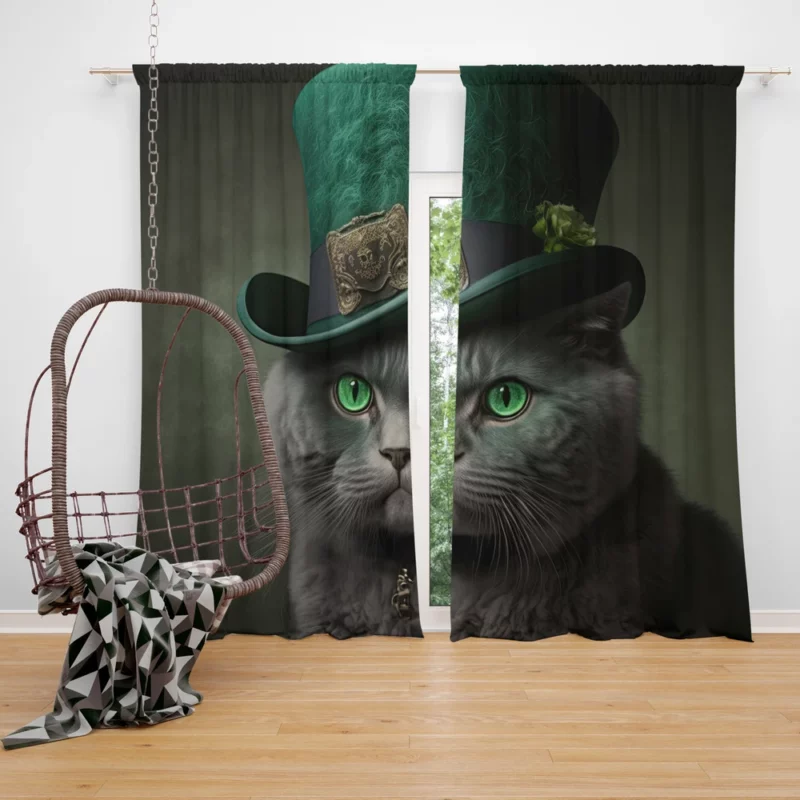 Green Hat Cat for St Patrick's Day Window Curtain