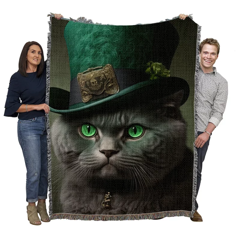 Green Hat Cat for St Patricks Day Woven Blanket