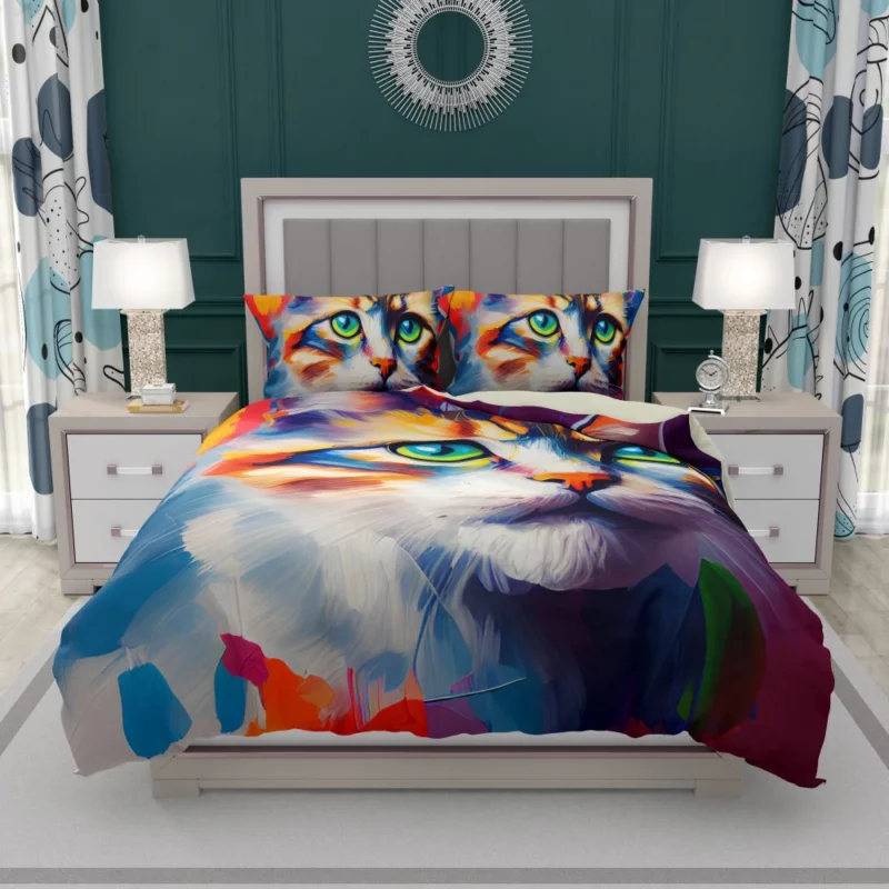 Green-eyed Cat on Blue-Orange Bedding Set 1