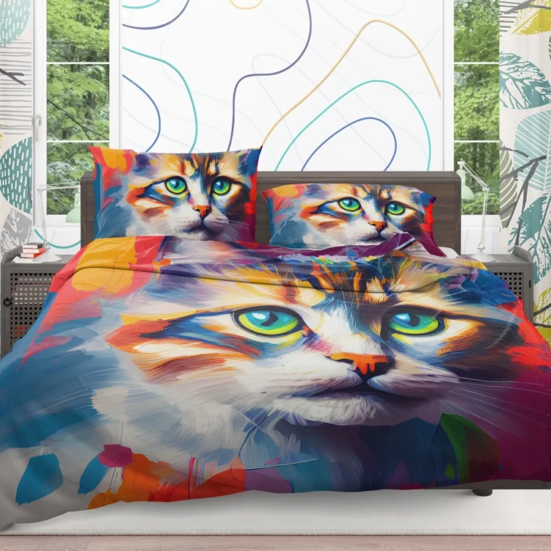 Green-eyed Cat on Blue-Orange Bedding Set