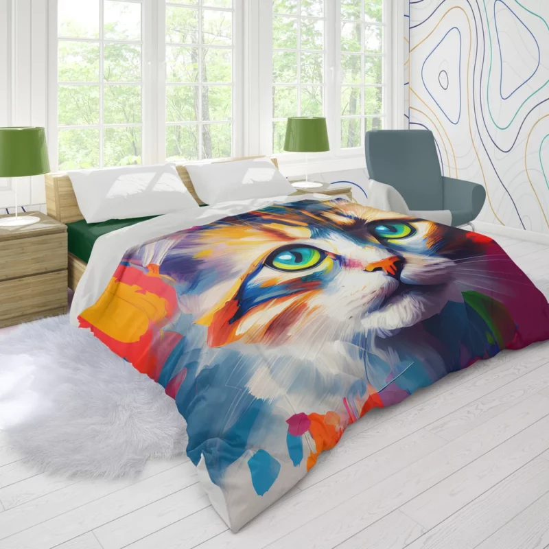 Green-eyed Cat on Blue-Orange Duvet Cover