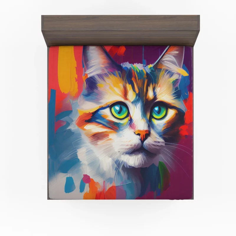 Green-eyed Cat on Blue-Orange Fitted Sheet