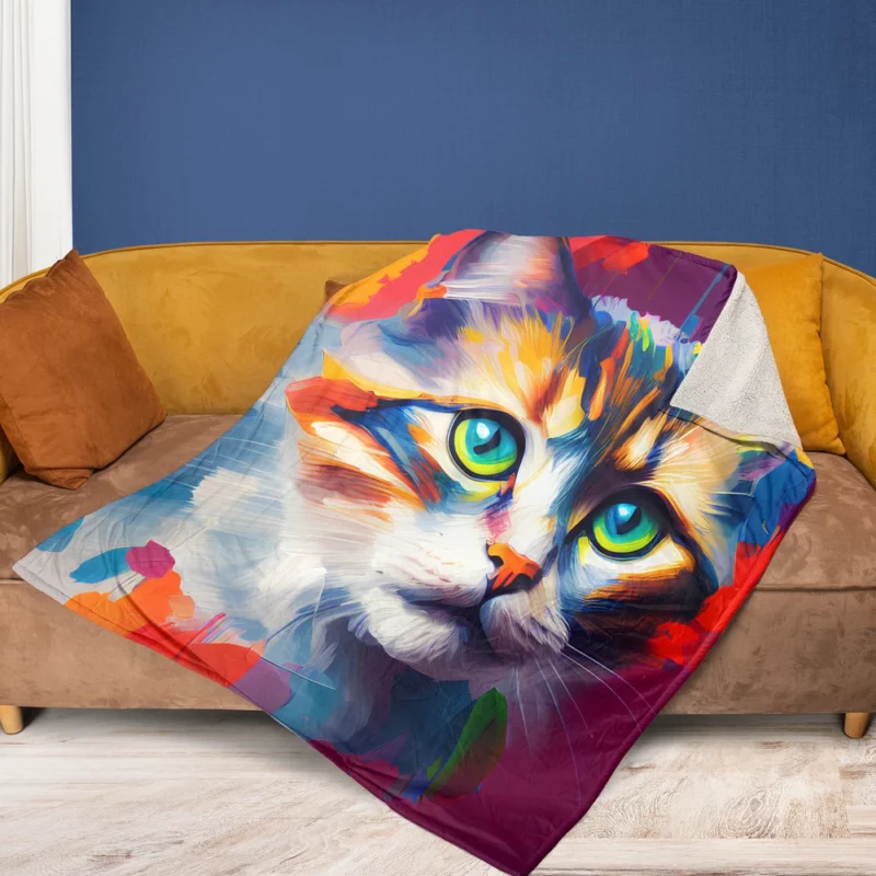 Green-eyed Cat on Blue-Orange Fleece Blanket 1