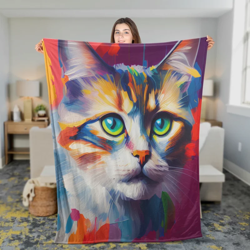 Green-eyed Cat on Blue-Orange Fleece Blanket 2