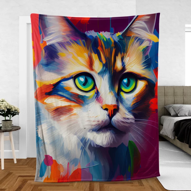 Green-eyed Cat on Blue-Orange Fleece Blanket