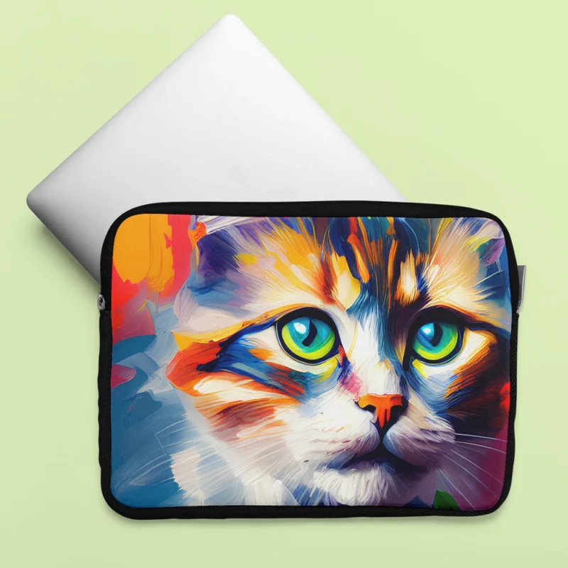 Green-eyed Cat on Blue-Orange Laptop Sleeve