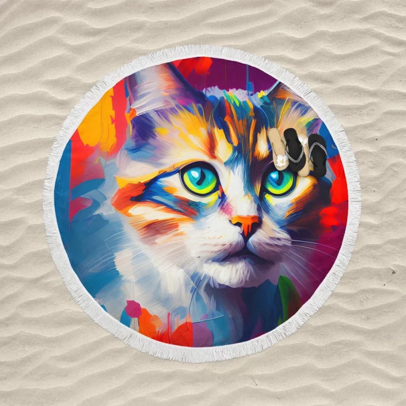 Green-eyed Cat on Blue-Orange Round Beach Towel