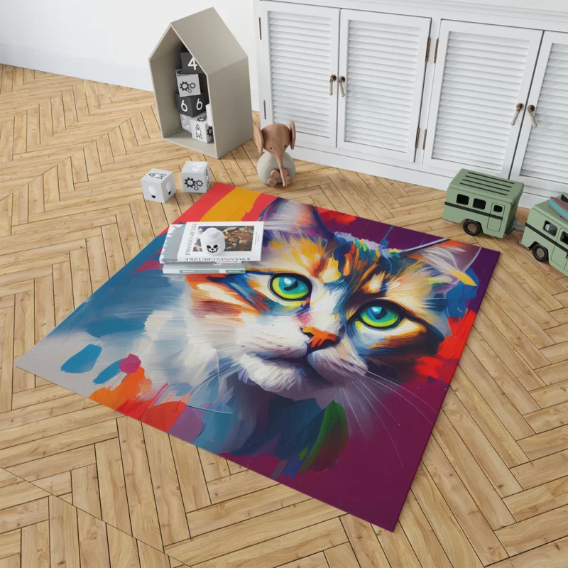 Green-eyed Cat on Blue-Orange Rug 1