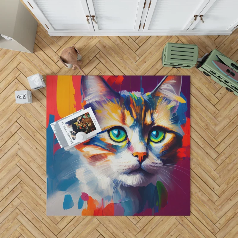 Green-eyed Cat on Blue-Orange Rug