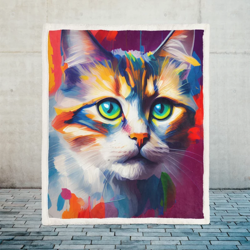 Green-eyed Cat on Blue-Orange Sherpa Fleece Blanket