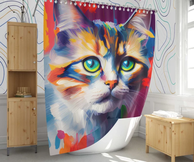 Green-eyed Cat on Blue-Orange Shower Curtain 1