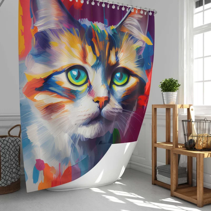 Green-eyed Cat on Blue-Orange Shower Curtain