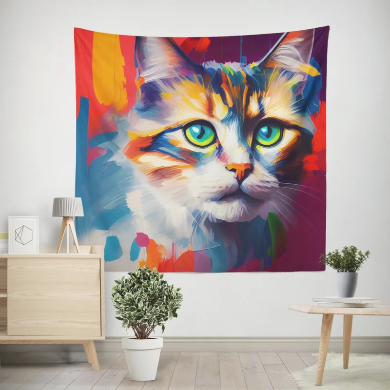 Green-eyed Cat on Blue-Orange Wall Tapestry